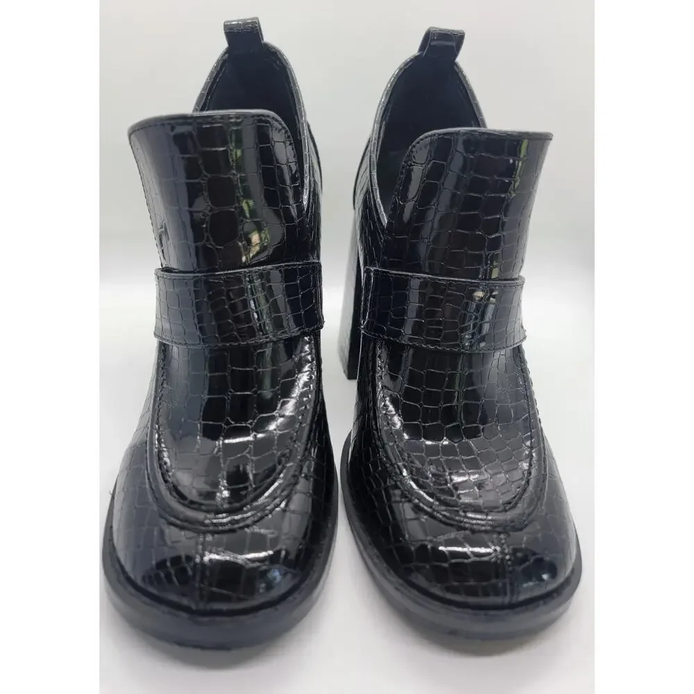 Koi Footwear Black Vegan Chunky Heel Slip-On Shoes UK 4 Snake Print Square Toe🖤